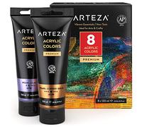 ARTEZA Peinture acrylique métallisée, set de 8 couleurs métallisées en tubes de 120 ml pigments riches, sans décoloration, peintures non toxiques pour les artistes, les peintres amateurs sur toile