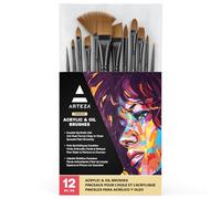 Arteza Pinceaux pour Peinture Acrylique et Huile, Lot de 12, pinceaux synthétiques de qualité supérieure pour Peinture Acrylique, Accessoires de Peinture pour débutants et Experts