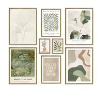 ARTFAVES® - Lot d'affiches - BOTANIQUE VERTE - Décoration murale 8 affiches modernes nature, beige, vert, vert-beige, abstrait, plantes, botanique, Van Gogh - cadre effet chêne