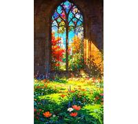 ARTGOTO Peinture par Numéros Adulte Fenêtre Gothique Jardin Fleuri | Grand Format 40 x 70 cm sans Cadre - Kit DIY sur Toile avec Paysage Coloré et Vitrail pour Décoration Murale