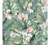 Arthouse | Papier peint floral tropical bleu mer | Motif floral audacieux et contemporain | Fleurs roses et feuilles de palmier vertes sur fond bleu mer | Méthode de collage du papier | 1005 x 53 cm