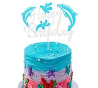 Arthsdite 1 décoration de gâteau d'anniversaire dauphin sur le thème marin pour garçon, fille, enfant, fête d'anniversaire - paillettes bleues et argentées