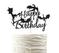 Arthsdite 1 décoration de gâteau d'anniversaire sur le thème du dragon - Fournitures de décoration de fête d'anniversaire - Noir pailleté