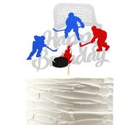 Arthsdite 1 décoration de gâteau de hockey sur glace avec panneau « Happy Birthday » - Thème du palet - Pour enfants, filles, garçons, hommes, femmes - Fournitures de fête d'anniversaire - Paillettes