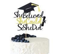Arthsdite 1 décoration de gâteau « She Believed She Could So She Did » avec casquette de remise de diplôme de la e 2025 - Décoration de gâteau pour remise de diplôme 2025 - Noir et doré