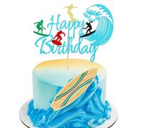 Arthsdite Décoration de gâteau d'anniversaire Surf, paillettes bleues - 1 pièce, pour l'été, Hawaï, plage, surf, décorations de fête