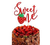 Arthsdite Décoration de gâteau « Strawberry Sweet One » pour premier ou 1er anniversaire sur le thème des fruits sucrés, fête prénatale, anniversaire d'enfants - Rouge pailleté