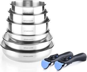 ARTHUR MARTIN AM5538 - Set de 8 ustensiles de cuisine en acier inoxydable : 3 poêles, 3 casseroles, 2 poignées - Tous les plans de cuisson, y compris l'induction
