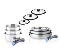 ARTHUR MARTIN - Batterie De Cuisine Inox 11 Pièces - 3 Casseroles Ø 16, 18, 20 cm - 2 Manches Amovibles - 3 Couvercles Silicone - Compatible Induction - Ensemble Pratique Et Ergonomique