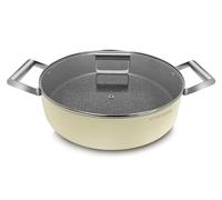 ARTHUR MARTIN, Faitout bas 24 cm Grand Chef, Aluminium forgé, revêtement anti adhérent, poignées et anses en acier rivet et couvercles en verre, Tous feux dont induction, Crème