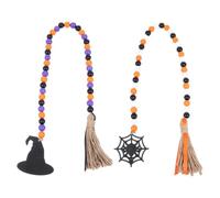 Artibetter 2 Pièces Guirlande Décorative Suspendue Halloween en Bois et Corde avec Pompons et Perles, pour Décoration Murale et Fête Saisonnière, Style Toiles D'araignée et Chapeaux Magiques