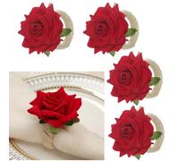 Artificia Lot de 4 ronds de serviette en forme de rose avec perle - Pour mariage, anniversaire, banquet, décoration de table, Noël, Thanksgiving (rouge)