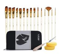Artify 15 pcs Peinture Acrylique Professionnels avec étui de Rangement, Spatule, 2 éponges, Pinceaux d’Artiste en Poils synthétiques de Haute qualité pour Acrylique et Huile, Blanc