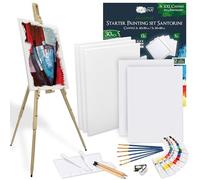 Artina kit peinture 30pcs avec chevalet bois pour toiles jusqu'à 100cm | Set acrylique 5 châssis 12 couleurs acryliques pinceaux portable débutant artiste Malaga coffret Santorini