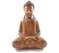 Artisanal Grande Sculpture Bouddha Assis 40cm en Bois sculpté