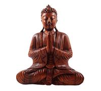 Artisanal Statue de Bouddha Assis Mains jointes en Bois 30cm