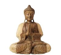 Artisanal Statue de Bouddha Assis Mains jointes en Bois Brut 30cm