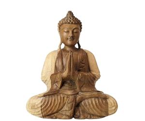 Artisanal Statue de Bouddha Assis Mains jointes en Bois Brut 30cm