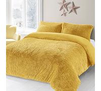 Artistic Fashionista* Parure de lit douce et chaude en fausse fourrure polaire avec housse de couette et taies d'oreiller Motif ours en peluche Ocre / moutarde pour lit double