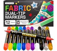 Artistro 12 Marqueurs Tissus Double Pointe - Kit de Décoration Textile - Permanent pour Vêtements - Stylos Sans Bavure pour T-Shirts, Sacs, Textile, Toile et Plus (Pointe Pinceau et Pointe Fine)