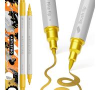 Artistro 2 Gold Acrylic Paint Pens Dual-Tip Brush+Fine for Fabric & Rock | Opaque Water-Based Colour that Shows Up on Dark Card, Two Nib Widths in One Barrel, Craft Gift for Adults, Teens & Kids