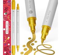 Artistro 2 Gold Acrylic Paint Pens Dual-Tip Dot+Fine for Fabric & Rock | Opaque Water-Based Colour that Shows Up on Dark Card, Two Nib Widths in One Barrel, Craft Gift for Adults, Teens & Kids
