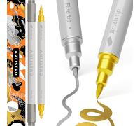 Artistro 2 Gold & Silver Acrylic Paint Pens Dual-Tip Brush+Fine for Rock | Opaque Water-Based Colour that Shows Up on Dark Card, Two Nib Widths in One Barrel, Craft Gift for Adults, Teens & Kids