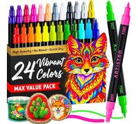 Artistro 24 Feutres de peinture acrylique, stylos de dessin ensemble d'art marqueurs de peinture acrylique à double pointe (fine 1 mm + point 5 mm) pour tissu, toile, roche, verre, bois, papier