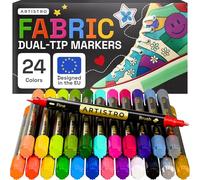 Artistro 24 Marqueurs Tissus Double Pointe - Kit de Décoration Textile - Permanent pour Vêtements - Stylos Sans Bavure pour T-Shirts, Sacs, Textile, Toile et Plus (Pointe Pinceau et Pointe Fine)