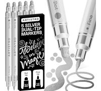 Artistro Lot de 5 marqueurs de peinture acrylique argentés pour roche, tissu, bois, verre, œufs - Stylos de peinture à double pointe pour livres de coloriage pour adultes, adolescents, enfants