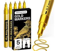 ARTISTRO Lot de 5 stylos de peinture acrylique dorés pour peinture sur roche, pierre, céramique, verre, bois, pneu, tissu, métal, toile - Ensemble de 5 marqueurs de peinture à base d'eau - Pointe