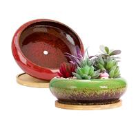 ARTKETTY Lot de 2 Grands Pots de Fleurs pour Plantes Grasses avec Drainage, bonsaï Peu Profonds avec Plateaux, Pots en céramique pour intérieur et extérieur