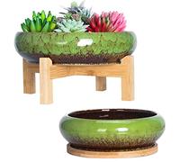 ARTKETTY Lot de 2 Pots de Fleurs colorés en céramique pour Plantes succulentes - 18,5/25 cm - Grand Pot à bonsaï avec Plateau - pour Cactus et Jardin