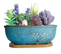ARTKETTY Pot de Fleurs, Pot Bonsaï Rectangulaire Peu Profond Pot de Plantes Succulentes avec Drainage Pot en Céramique pour Plantes de Cactus Décoration Intérieure