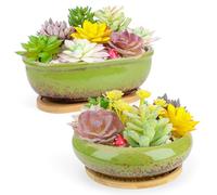 ARTKETTY Pots de Fleurs en céramique avec Plateau de Drainage en Bambou, 1 Pot de Fleurs rectangulaire + 1 Pot de Fleurs Rond pour intérieur (Vert)