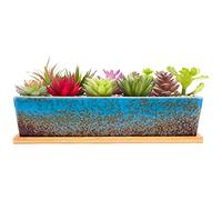 ARTKETTY Pots de Fleurs succulentes rectangulaires Modernes en céramique de 30 cm avec Plateau, bac à fenêtre Peu Profond avec Drainage pour intérieur/extérieur (Bleu)