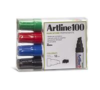 Artline 100, Lot de 4 marqueurs permanents, pointe de 12 mm - Encre noire, bleue, rouge et verte