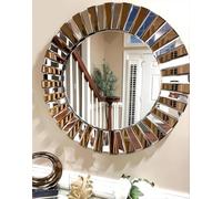 Artloge Miroir Mural Rond Entrée: 80cm Grand Miroir Décoration Murale Design Soleil Miroirs Muraux Salon Chambre Miroir Suspendu Décoratif Cadre en Verre Marron Décor Mural pour Maison Salle de Bain