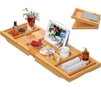 Artmalle Bathtub Caddy Tray for Tub,Foldable Bamboo Bath Table Tray with Book and Wine Glass Holder, Free Soap Dish Suitable for Luxury Spa Or Reading,Natural