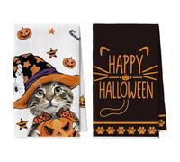 Artoid Mode Lot 2 Torchons de Cuisine Halloween Chat Grand Chapeau 42x65cm | Serviettes Polyester Saisonnières Citrouille Décoration de Cuisine