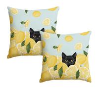 Artoid Mode Lot de 2 housses de coussin d'été - Motif chat noir et feuilles de citron - 45 x 45 cm - Décoration saisonnière pour canapé, salon