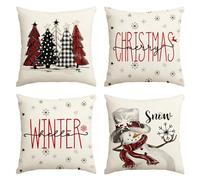 Artoid Mode Lot de 4 housses de coussin décoratives pour canapé, 45 x 45 cm, rouge, bonhomme de neige, arbres, flocons de neige, étoile, Noël