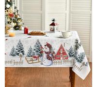 Artoid Mode - Nappe de Noël - Motif : maison, neige, arbres, clôture, bonhomme de neige - Nappe anti-taches 140 x 110 cm, linge de table pour l'hiver, décoration de fête, cuisine