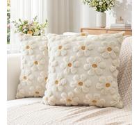Artscope Lot de 2 Doux Peluche Laine Courte Velours Décoratif Housses de Coussin pour Printemps été Luxe Style pour Canapé Chambre - Fleurs Crème Beige, 50 x 50 cm