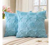Artscope Lot de 2 Doux Peluche Laine Courte Velours Décoratif Housses de Coussin pour Printemps Été Luxe Style pour Canapé Chambre - Coquille D'étoile de Mer Bleu Clair, 50 x 50 cm