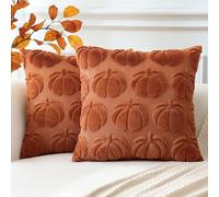 Artscope Lot de 2 Halloween Housse de Coussin Doux Peluche Laine Courte Velours Décoration d'automne Housses de Coussin Luxe Style pour Canapé Chambre Orange Foncé - Citrouille 50 x 50 cm