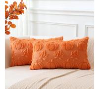 Artscope Lot de 2 Halloween Housse de Coussin Doux Peluche Laine Courte Velours Décoration d'automne Housses de Coussin Luxe Style pour Canapé Chambre Orange - Citrouille Feuille D'érable 30 x 50 cm
