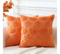 Artscope Lot de 2 Halloween Housse de Coussin Doux Peluche Laine Courte Velours Décoration d'automne Housses de Coussin Luxe Style pour Canapé Chambre Orange - Citrouille Feuille D'érable 40 x 40 cm
