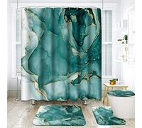 ArtSocket Ensemble de salle de bain en marbre vert avec rideau de douche et accessoires de tapis, rideau de douche vert doré, aigue-marine, vagues de l'océan, décoration de salle de bain abstraite, 4