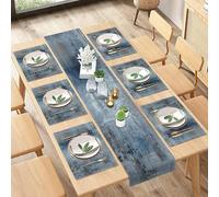 ArtSocket Lot de 6 chemins de table et sets de table de style rustique - Motif abstrait bleu gris gris vintage - Décoration de table pour un usage quotidien (1 chemin de table de 182,9 cm de long et 6